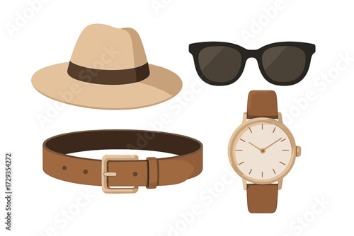 Collection of fashionable summer accessories including a panama hat, dark sunglasses, a brown leather belt, and a classic wristwatch