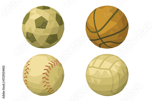 Geometric low poly style sports equipment set with game balls for athletic activities and team sports