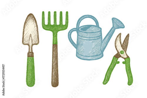 Essential gardening tools set including a hand trowel, rake, watering can, and pruning shears for horticulture