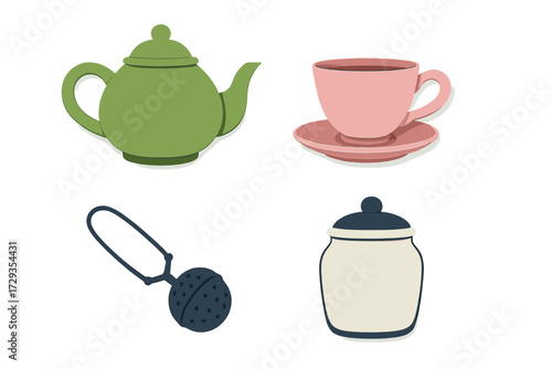 Collection of essential tea time items including a teapot, teacup, tea infuser, and sugar pot, perfect for a cozy afternoon beverage or breakfast setting