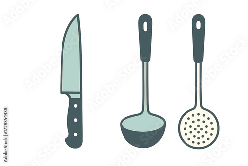 Collection of essential kitchen utensils featuring a sharp chef's knife, deep soup ladle, and practical slotted skimmer spoon for cooking and serving