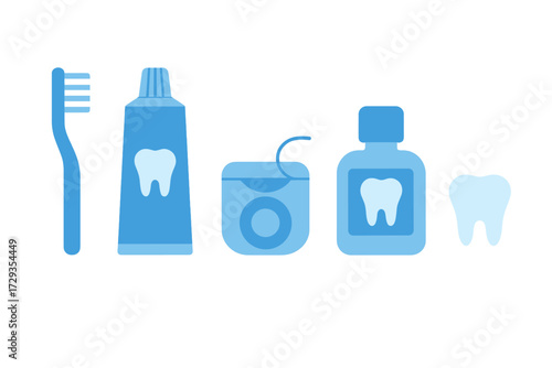 Collection of essential dental hygiene tools and oral care items including toothbrush, toothpaste, floss, mouthwash, and a clean tooth symbol