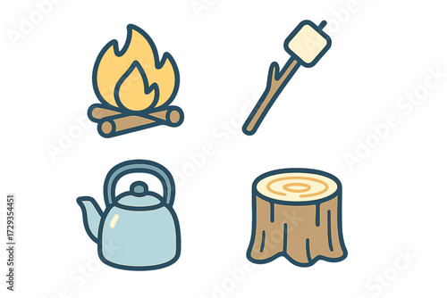 Outdoor camping essentials with burning campfire, marshmallow on a stick, blue kettle, and wooden tree stump