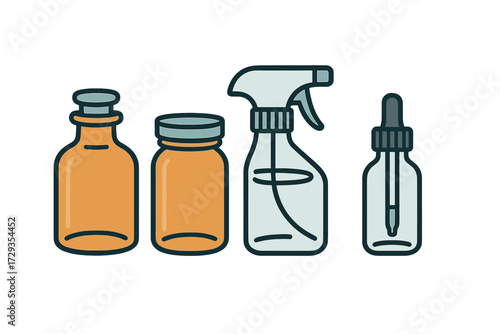 Collection of various empty bottles and containers including spray bottle, dropper bottle, and jar for liquids or cosmetics