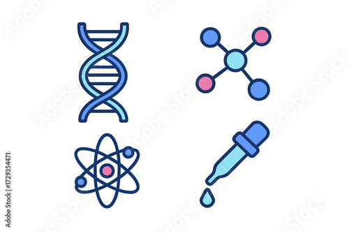 Collection of scientific icons representing biology, chemistry, and physics concepts for education and research purposes
