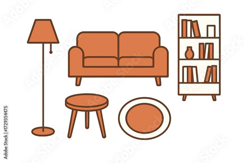 Modern living room furniture set featuring a comfortable sofa, elegant floor lamp, round coffee table, cozy rug, and a stylish bookshelf filled with books