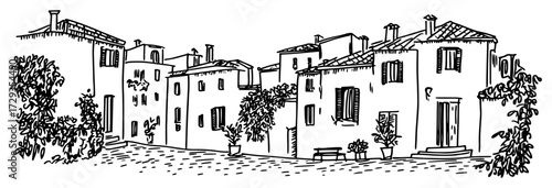 Tuscan Village Courtyard Street Engraved Vector