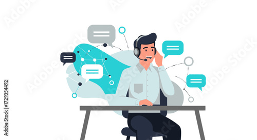 Illustration of a customer service representative on a call with speech bubbles design