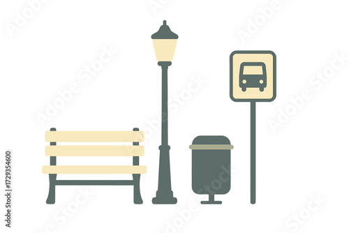 Essential public park and street furniture elements including a bench, lamp post, and bus stop sign