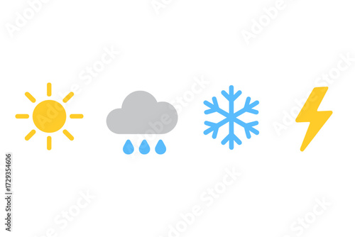 Collection of weather forecast symbols and climate condition icons including sun, rain, snow, and lightning