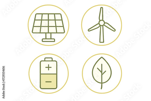 Renewable energy sources and sustainable technology icons set with solar panel, wind turbine, battery, and leaf symbols