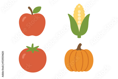 Vibrant collection of fresh autumn harvest produce featuring a crisp red apple, sweet yellow corn, juicy ripe tomato, and classic orange pumpkin