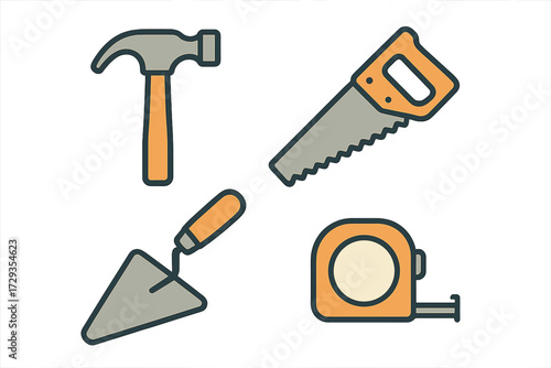Essential construction and repair tools including hammer, saw, trowel, and tape measure for various building projects