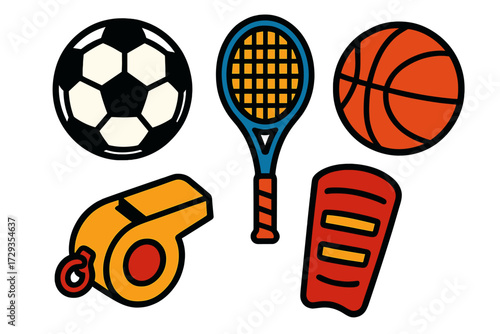 Diverse set of athletic gear featuring a soccer ball, basketball, tennis racket, whistle, and shin guard