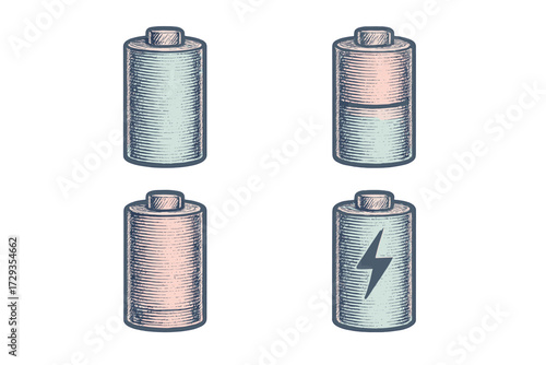 Collection of battery icons depicting various power levels and charging states in a stylized design for energy concepts