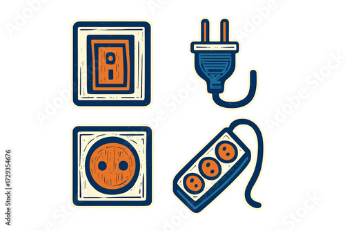 Electrical power components set including light switch, wall outlet, power plug, and multi-socket extension cord