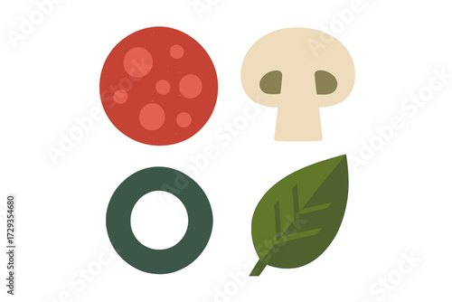 Assortment of popular pizza toppings including pepperoni, mushroom, olive, and fresh green spinach leaf