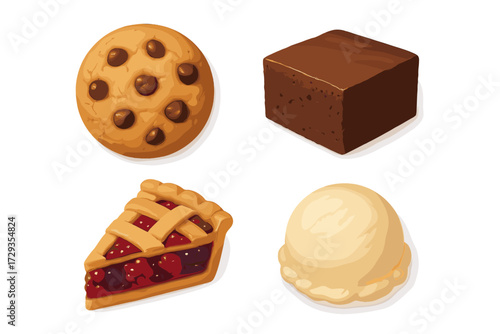 Assortment of classic sweet desserts including a chocolate chip cookie, rich brownie, berry pie slice, and creamy vanilla ice cream scoop
