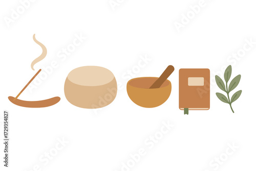 Wellness and meditation items flat lay with incense stick, meditation cushion, mortar and pestle, book, and green leaf