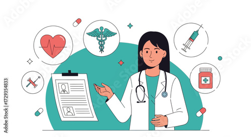 Illustration of a female doctor presenting medical icons and patient documentation