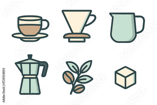 Collection of coffee brewing tools, ingredients, and accessories for cafes, home kitchens, and beverage menus