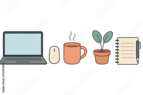 Modern desk setup featuring a laptop, computer mouse, steaming coffee, potted plant, and a spiral notebook with pen