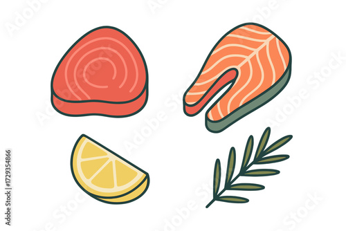 Fresh salmon fillets and steak with bright lemon wedge and aromatic rosemary sprig for healthy meal preparation