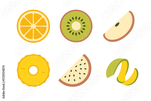 Assortment of colorful fruit slices including orange, kiwi, apple, pineapple, and watermelon with a green peel