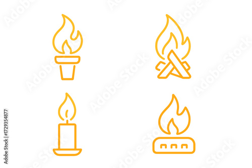 Set of various fire and flame icons depicting a burning torch, outdoor campfire, lit candle, and gas burner symbol
