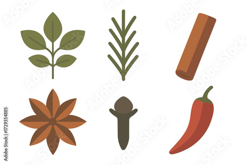 Assortment of culinary spices and aromatic herbs including cinnamon, star anise, chili, bay leaf, rosemary, and clove