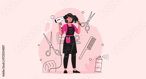 Illustration of a female hair stylist drying and styling hair in professional salon
