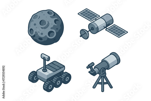 Advanced space exploration equipment and celestial bodies including satellite, lunar rover, telescope, and asteroid for scientific discovery and research