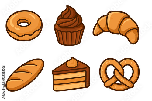 Assortment of delicious baked goods and pastries featuring donuts, cupcakes, croissants, baguettes, cake, and pretzels