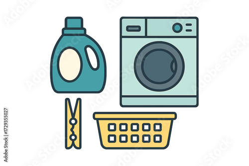 Collection of household laundry items including washing machine, detergent bottle, laundry basket, and clothespin for daily chores