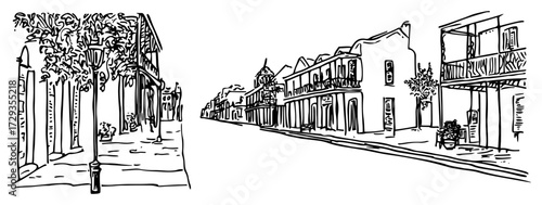 New Orleans French Quarter Street Panorama Line Art Vector