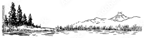 Volcanic Mountain Lake Panorama Line Art Vector