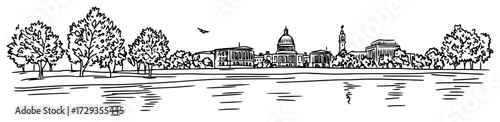 Capitol City Riverside Skyline Panorama Line Art Vector