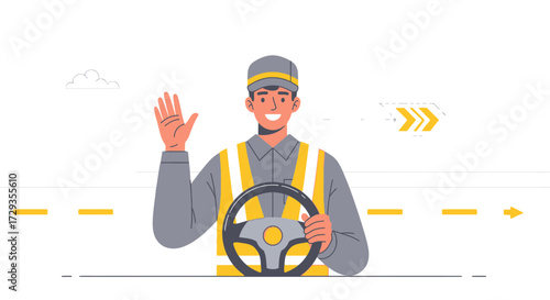 Illustration of a happy driver waving and holding a steering wheel with directions
