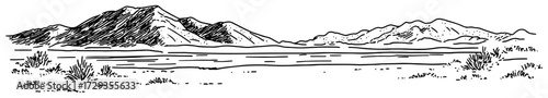 Desert Valley with Mountain Range Panorama Line Art