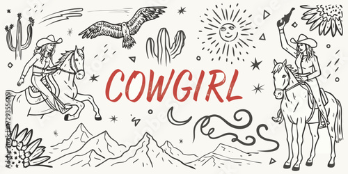 Hand drawn western scene featuring two cowgirls riding horses with cactus mountains and eagle