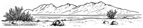 Desert Mountain Range with Shrubs Panorama Line Art