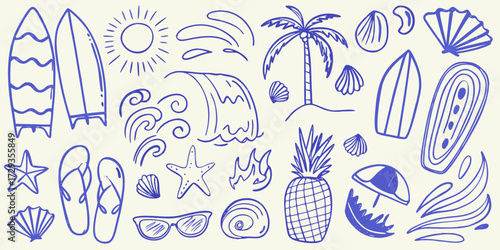 Collection of hand drawn blue line art summer beach vacation elements and icons on a cream background