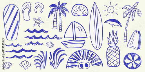 Collection of hand drawn blue summer beach vacation elements on a light background