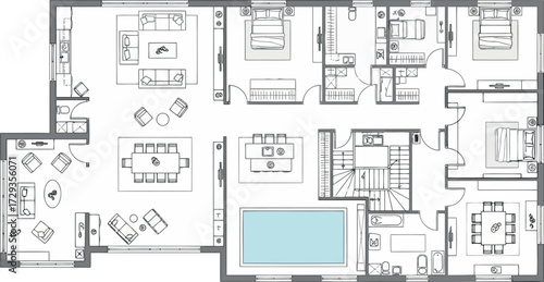 Vector art of architectural floor plan of a luxury house with living room, bedrooms, and swimming pool