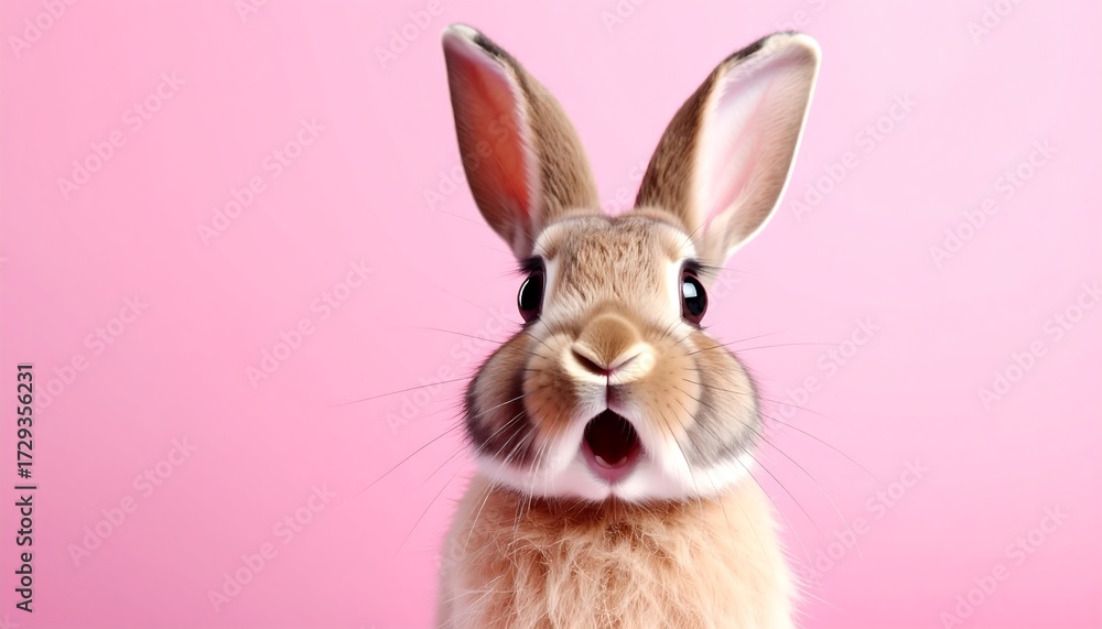 Fototapeta premium Cute bunny with open mouth against pink background