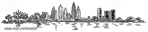 Tropical City Skyline Across Water Vintage Engraving Vector