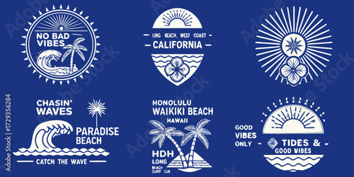 Collection of vintage surf inspired graphic designs with beach and ocean themes