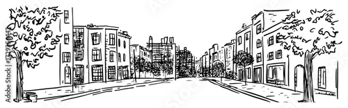 Urban Residential Street With Row Houses Line Art Vector