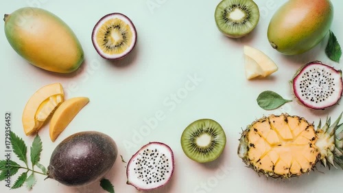Assorted exotic fruits arranged on a soft pink surface with green leaves
