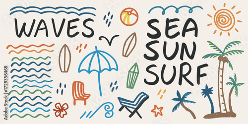 Hand drawn doodle illustration of waves sun surf palm trees beach chair umbrella and beach ball